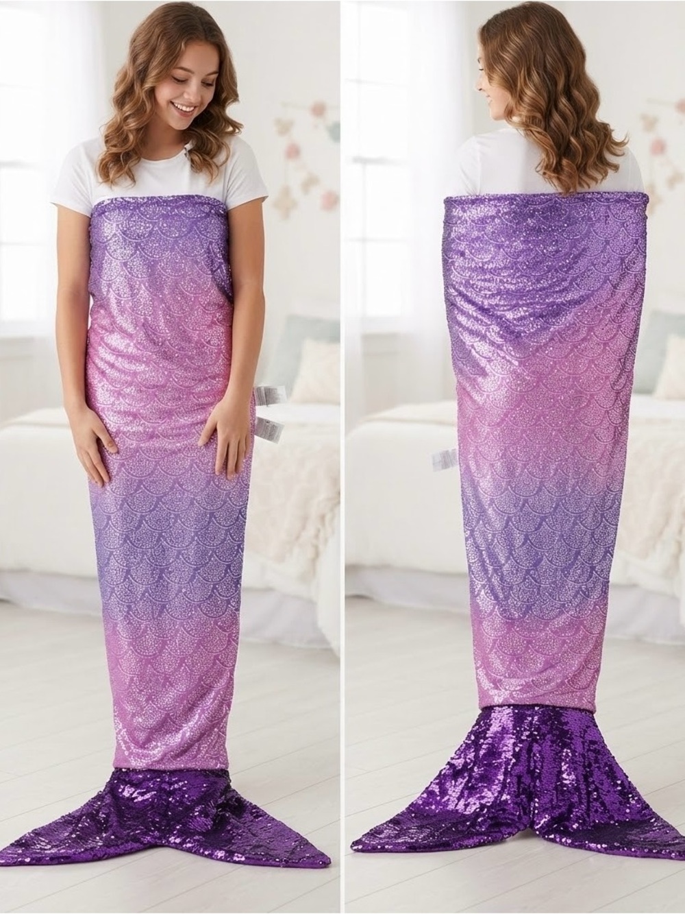 Sparkly Purple Mermaid Tail Blanket Soft Sequin Slumber Sleeping Bag NWOT